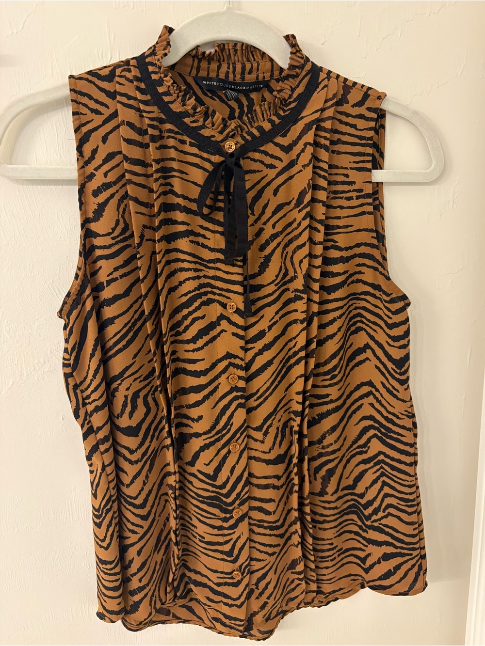 White House Black Market Tiger Print Sleeveless Tie-Neck Blouse